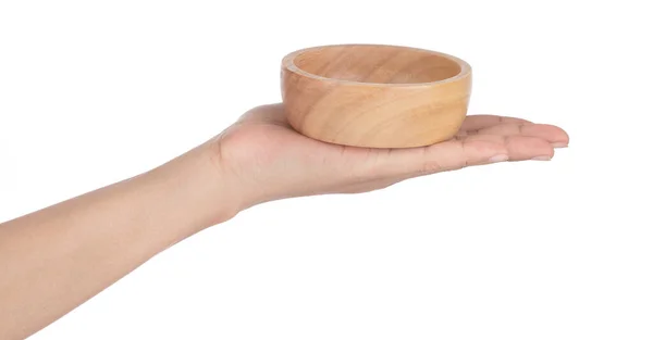 Hand holding Wood cup isolated on white background — 图库照片