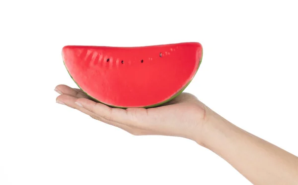 Hand holding Watermelon for decoration artificial fruit ornament — 图库照片