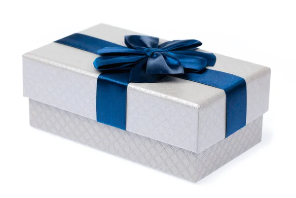 Gift color silver box with blue ribbon and bow isolated on white — Stock Photo, Image