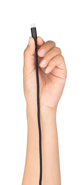Trzymając za rączkę czarny kabel Usb do smartfona odizolowany na biały ba — Zdjęcie stockowe