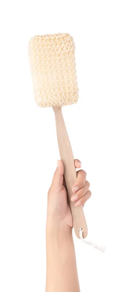 Hand holding sponge of Dry zucchini body massage brushes isolate — Stock Photo, Image