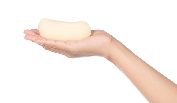 Hand houden Banaan smaak vla taart geïsoleerd op witte rug gr — Stockfoto