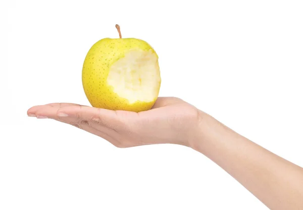 白地に隔離されたリンゴを手で握って — ストック写真
