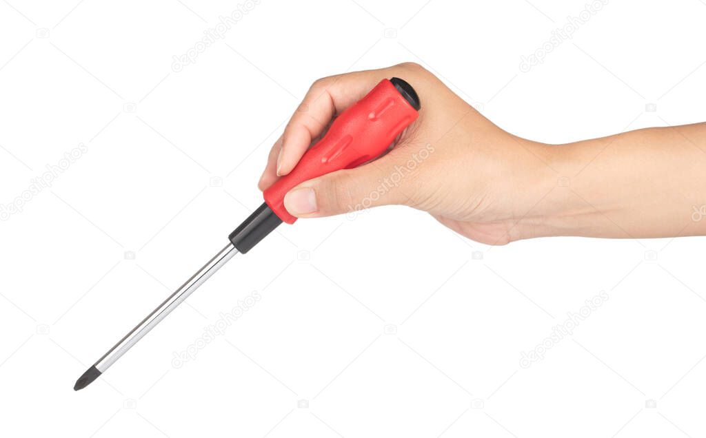 hand holding screwdriver for repair isolated on a white backgrou