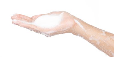 Foam on hand Cleaning hands  isolated on white background