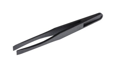 Black anti-static tweezers with flat straight tips isolated on w
