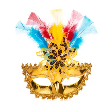 Beautiful of gold mask with feather isolated on a white backgrou
