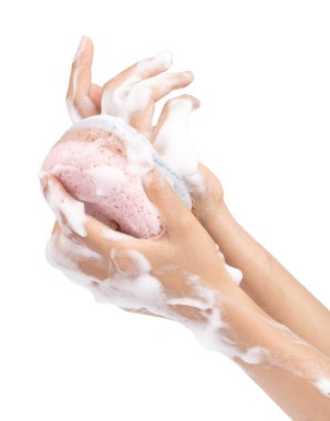 Washing of hands with soap and sponge Isolated on white backgrou