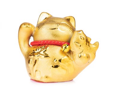 figurine golden cat brings good luck isolated on white backgroun