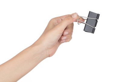 Hand holding Black Paper clip isolated on white background. 