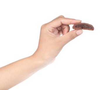 hand holding cookie chocolate isolated on white background