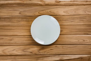 A white plate rests on wooden table