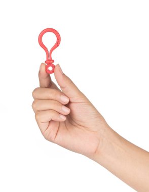 hand holding carabiner plastics isolated on white background