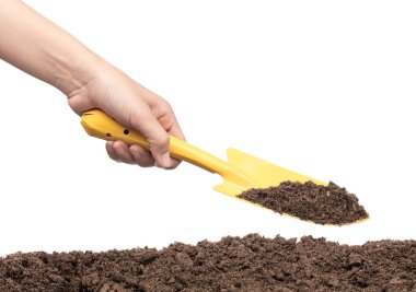hand digging soil by shovel isolated on white background