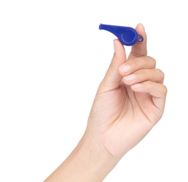hand holding blue whistle isolated on white background
