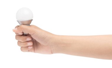 hand holding an incandescent bulb isolated on white background.