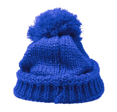 Blue Knit Wool Hat with Pom Pom isolated on white background