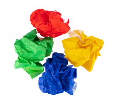 stack of multi colored crumpled paper balls isolated on white ba