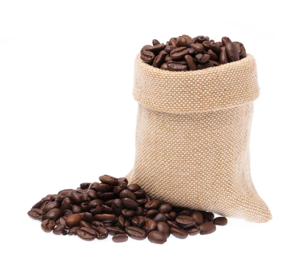 Sack of roasted coffee beans isolated on white background — 图库照片