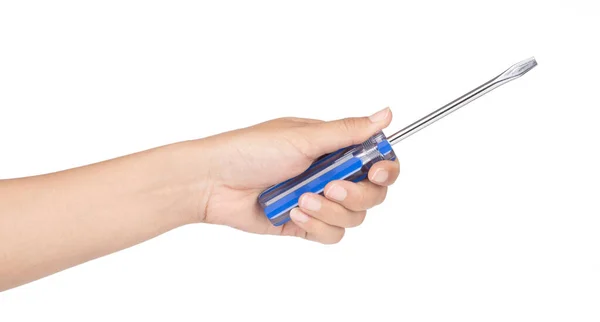 Hand holding Blue of screwdriver isolated on white background — Stock Photo, Image