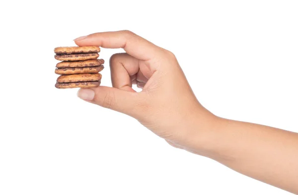 Mão segurando biscoito de chocolate isolado no fundo branco — Fotografia de Stock