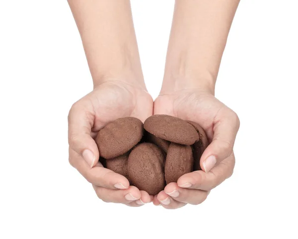 Hand holding cookie chocolate isolated on white background — Stok fotoğraf