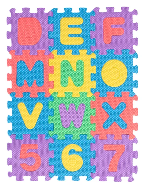 Palabras y números de alfabeto hechos de espuma EVA aislada en blanco —  Fotos de Stock