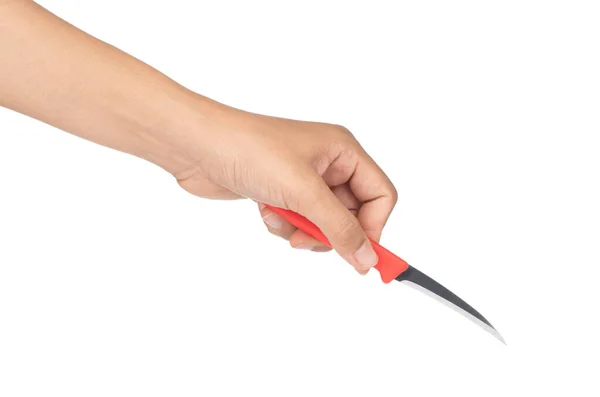 Mano sosteniendo cuchillo de tallar fruta aislado sobre un fondo blanco — Foto de Stock