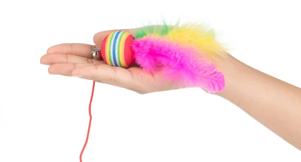 Mão segurando multi bola colorida com pena para isolar brinquedo gato — Fotografia de Stock