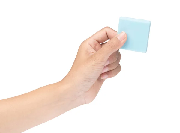 Рука держит синий мыло изолированы на белом фоне — стоковое фото