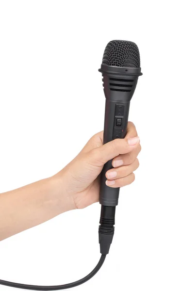 Mão segurando uma entrevista de microfone conduzindo um isolamento de negócios — Fotografia de Stock