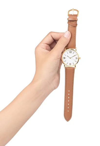 Hand holding wristwatch with leather strap isolated on white bac — Stok fotoğraf