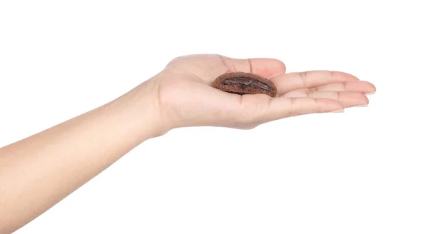Hand holding cookie chocolate isolated on white background — 图库照片