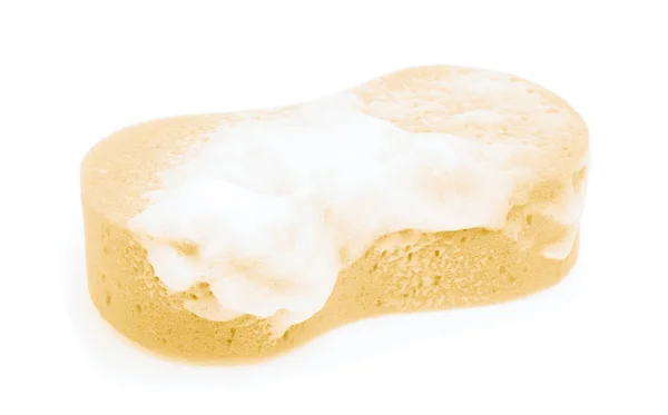 Sponge with foam soap sud isolated on white background — Stock Photo, Image