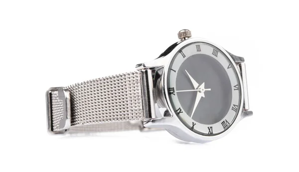 Ασημένιο ρολόι χειρός μονωμένο σε λευκό φόντο — Φωτογραφία Αρχείου