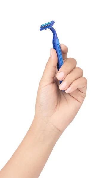 Χέρι εκμετάλλευση Μπλε ξυράφι ξυρίσματος απομονώνονται σε λευκό φόντο — Φωτογραφία Αρχείου