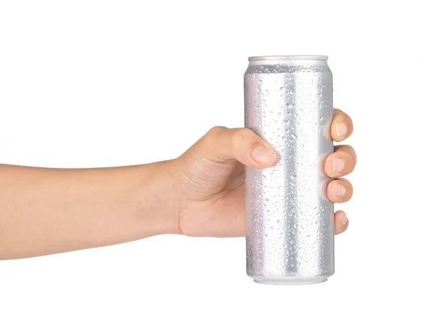 Hand vasthouden blikje drank met water druppels geïsoleerd op wit — Stockfoto