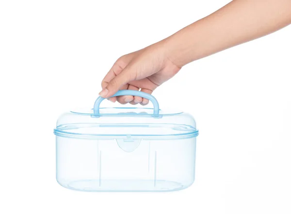 Hand holding Blue Plastic Round Empty Blank Container Box Isolat — Stok fotoğraf