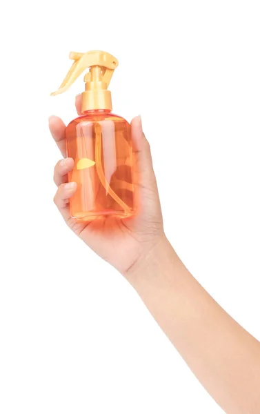 Hand holding plastic foggy spray bottle isolated on white backgr — Stock Photo, Image