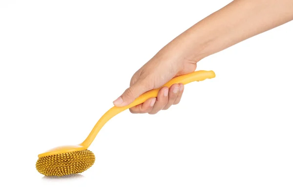 Hand holding Kitchen scrub brush Steel wire isolated on a white — ストック写真