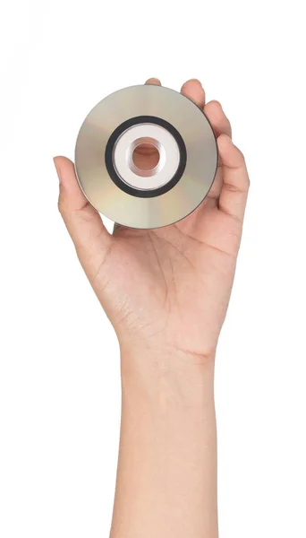 흰색 배경에 분리 된 미니 DVD 나 CD 디스크를 손으로 들고 있는 모습. — 스톡 사진