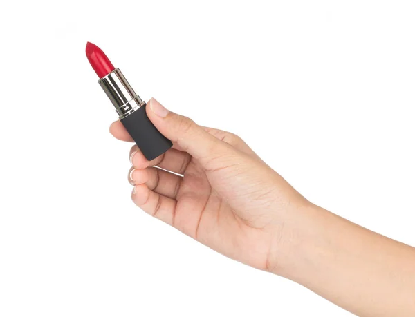 Hand houden rode lippenstift geïsoleerd op witte achtergrond — Stockfoto