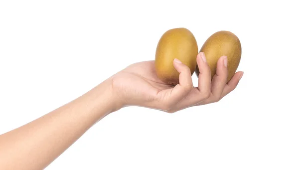 Hand holding gold kiwi isolated on white background — 스톡 사진