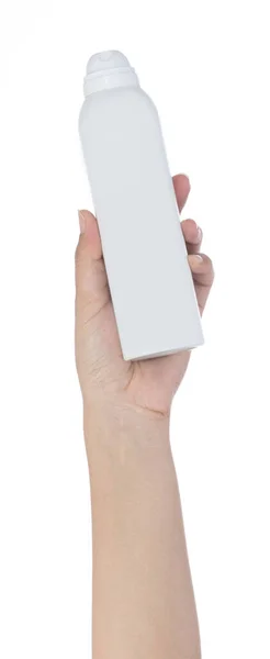 Hand holding spray for sunblock isolated on white background — Stock Photo, Image