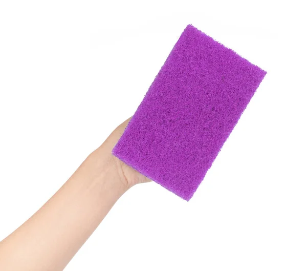 Hand holding sponge with plastic handle isolated on white backgr — 스톡 사진