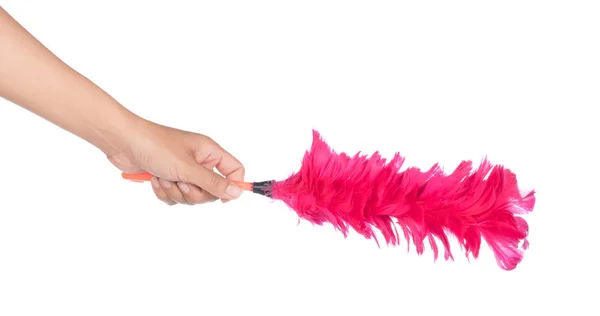 Hand holding pink plastic feather duster isolated on white backg — 스톡 사진