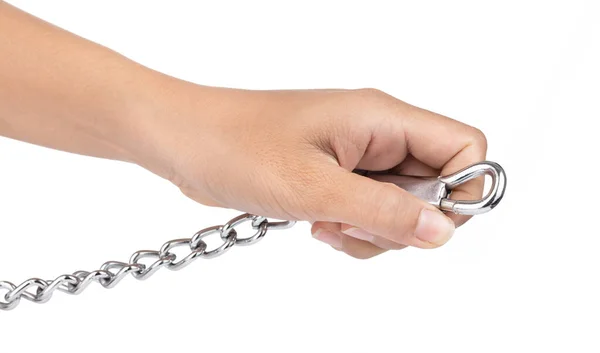 Hand holding Long chain of dog collar isolated on white backgrou — Stockfoto