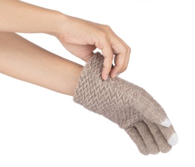 Hand in Warm woolen gloves isolated on white background