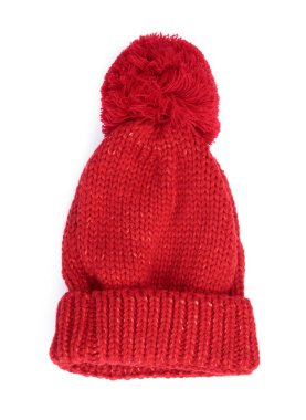 Red Knit Wool Hat with Pom Pom isolated on white background