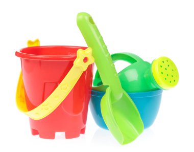Toy plastic watering can with bucket isolated on white backgroun